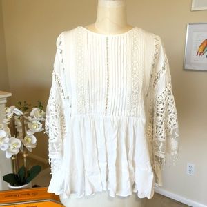LUMIE creamy white lace, crochet, pintuck, ruffle boho top with fringe